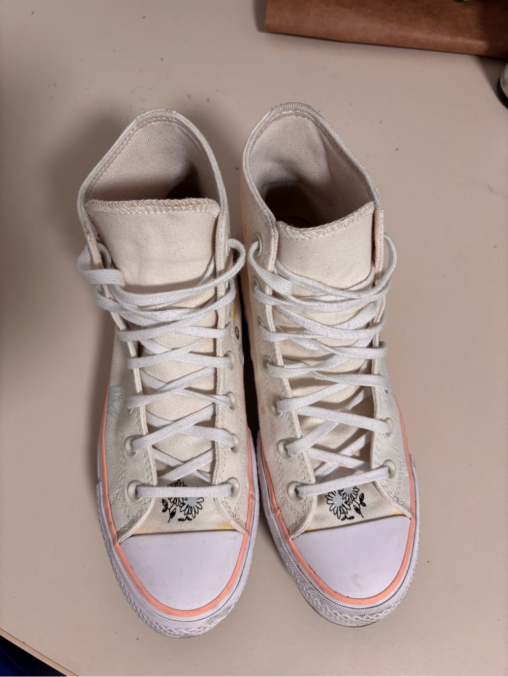 Canvas High-Top Sneakers in Cream with Pink Trim and Embroidery